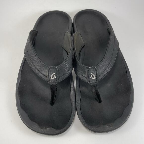 Olukai Ohana Leather Flip Flops Womens Size 8 Black Hawaiian Beach Sandals - Picture 9 of 9